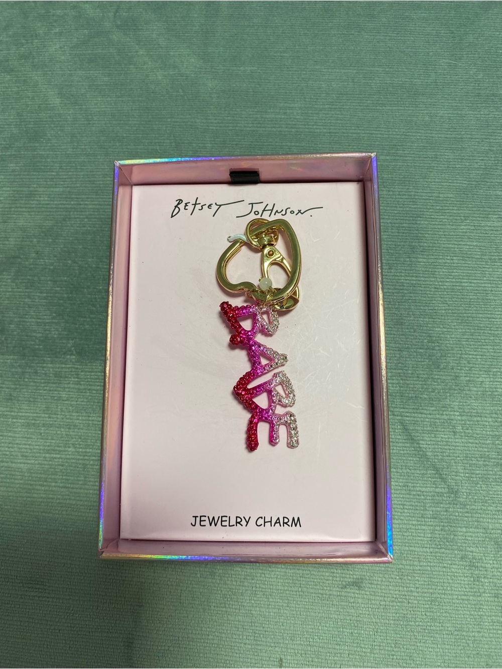 Betsey Johnson Pink Glitter Ombré “BABE” Glitter NIB Gold Heart Keychain